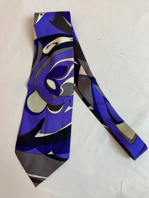 Second hand Emilio Pucci Deep Blue/Gray/Black Abstract Design Silk Tie