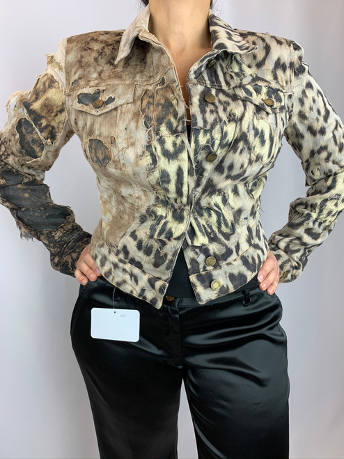 Roberto Cavalli Distressed Leopard Print Jean Jacket front