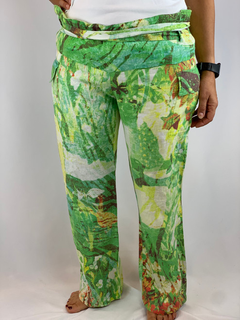 Iceberg Jeans Green Tropical Print Linen Pants front