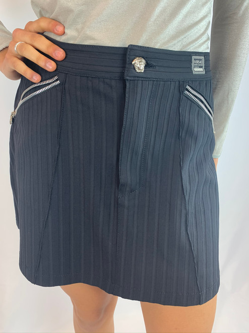 Versace Black Zippered Pockets Flared Mini Skirt Vintage front