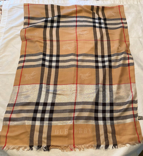 Burberry London Plaid Logo Shimmery Cashmere Scarf Limited Edition