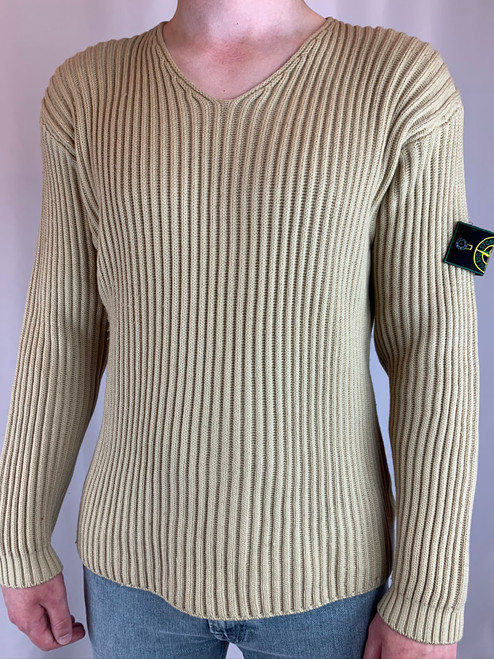 Stone Island Tan Ribbed V Neck Wool Sweater Vintage front