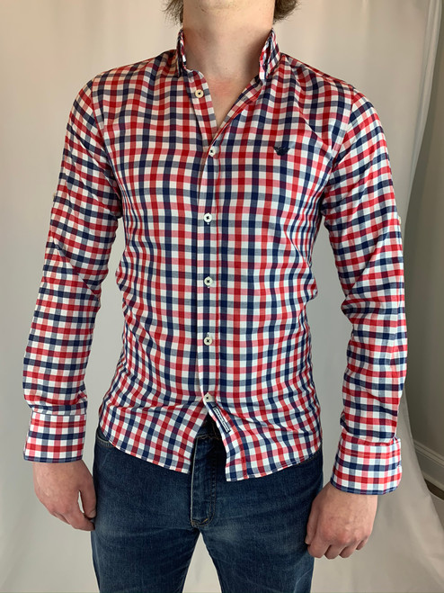 Armani Jeans Red/White/Blue Plaid Gingham Button Up front