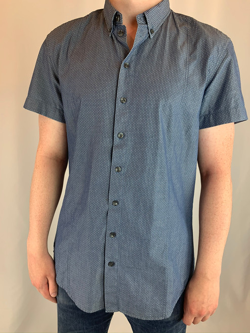 Armani Collezioni Navy Dotted Short Sleeve Button Up front