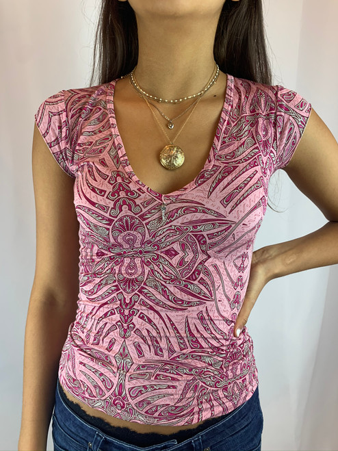 John Richmond Pink Printed V Neck Charm Top