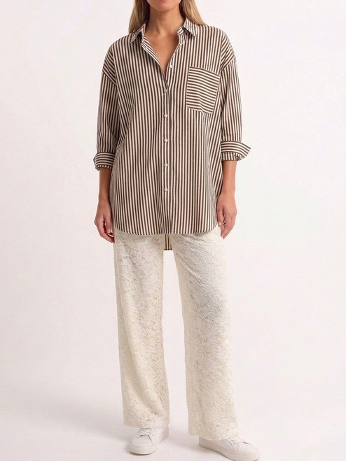 BEIGE & BROWN SHIRT W/ CREAM LACE PANTS SET