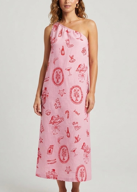 SANTA PRINT ONE-SHOULDER MAXI DRESS PINK