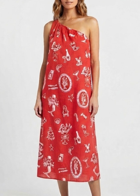 SANTA PRINT ONE-SHOULDER MAXI DRESS RED