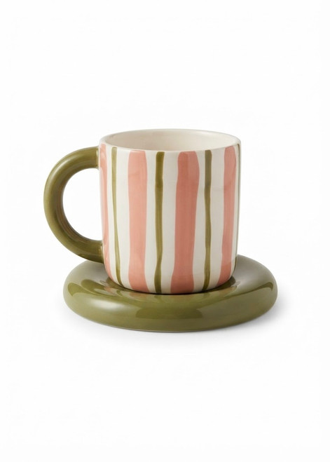 CANDY CERAMIC CUP & SAUCER SET - PINK & OLIVE
