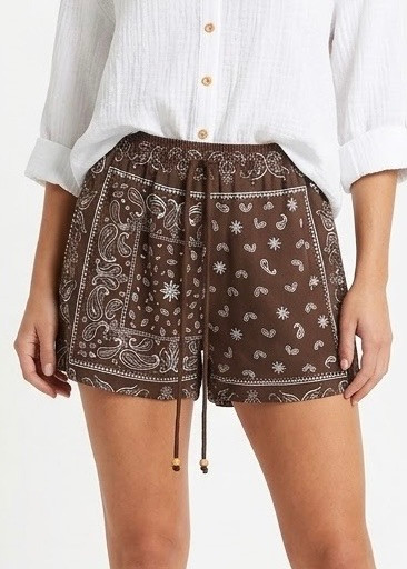 BROWN DENIM BANDANA PAISLEY SHORTS