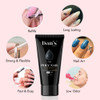 Key features of Dan's Nails Clear PolyGel, including its strength, flexibility, ease of use, and low odor, along with visuals of the gel being applied and worn.