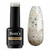 Dan's Nails Rubber Base Gel – Frosty Revel 15ml bottle with swatch featuring sheer white base and iridescent shimmer flakes Dan's Nails Rubber Base Gel – Frosty Revel 15ml bottle with swatch featuring sheer white base and iridescent shimmer flakes