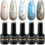 Dan's Nails Blink Fest Collection – Set of 6 Rubber Base Gel Nail Polishes with flakes and shimmer effects in gray, blue, milky white, clear, and honey tones. 15ml bottles arranged side by side. Dan's Nails Blink Fest Collection – Set of 6 Rubber Base Gel Nail Polishes with flakes and shimmer effects in gray, blue, milky white, clear, and honey tones. 15ml bottles arranged side by side.