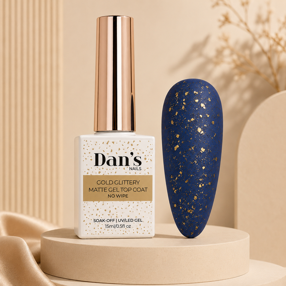 Dan's Nails Gold Glittery Matte Gel Top Coat with reflective gold flakes