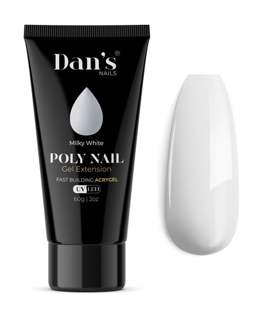 Tube of Dan's Nails Milky White PolyGel, 60g 2oz, next to a nail swatch showcasing its creamy, opaque finish