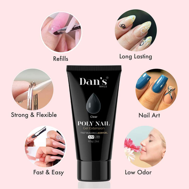 Features of Dan's Nails Milky White PolyGel highlighting its ease of use, flexibility, and odorless nature alongside nail images.