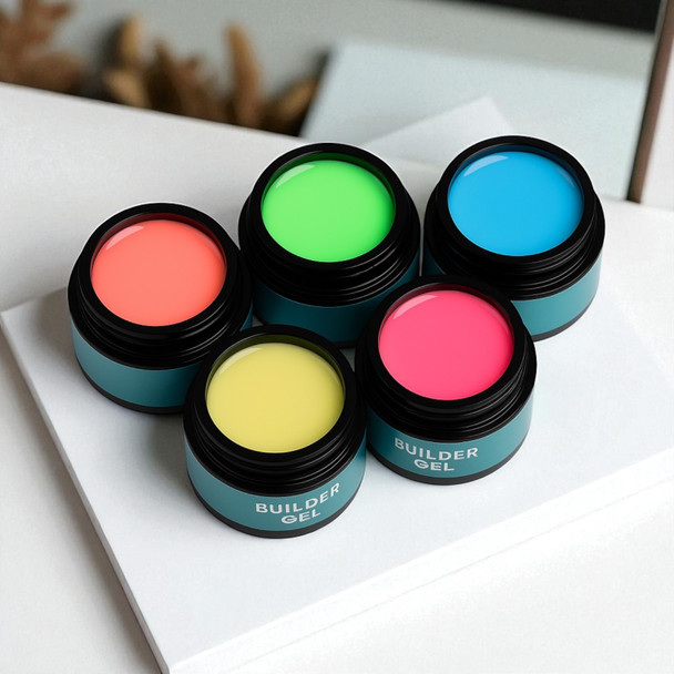 Set of five builder gels from Color Bloom Collection by Dan’s Nails in open jars