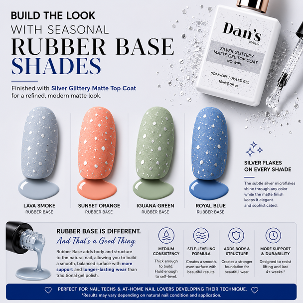 Dan's Nails Rubber Base colors finished with Silver Glittery Matte Top Coat