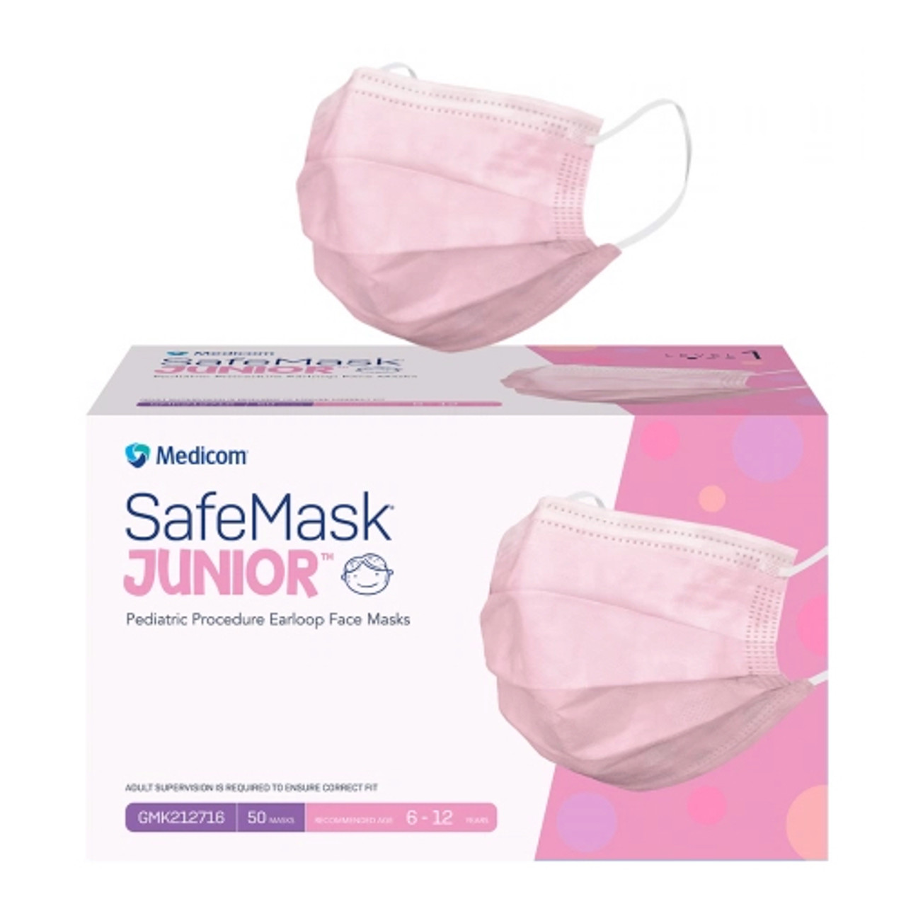 Medicom SafeMask Pink Junior Child 3Ply Earloop Face Mask 50/box