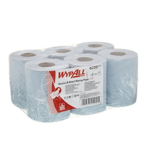 WypAll L10 Centrefeed Paper Towel Reinforced Wipers Blue 6 rolls of blue paper wipers.