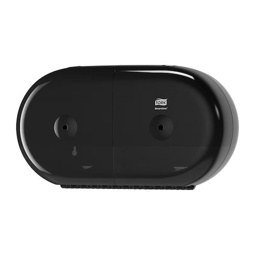 Tork SmartOne Twin Mini Toilet Roll Dispenser T9 Black with modern design and twin rolls.
