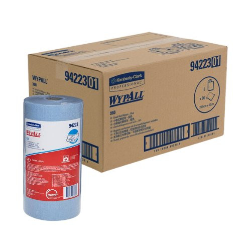 WypAll X60 Small Roll Cleaning Wipers, blue, absorbent cleaning cloths, 6 rolls x 80 wipers.