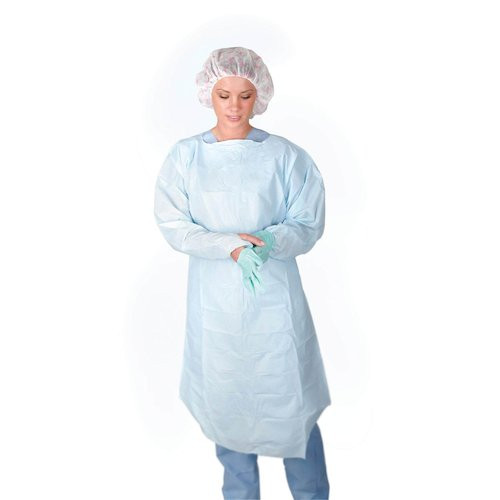 Medline Thumbs Up Polyethylene Gowns, blue, regular/large size, single-use isolation gown for medical procedures.