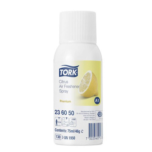 Tork Citrus Air Freshener Spray A1 System 75ml, Tork Air Fresheners, white can, citrus scent.