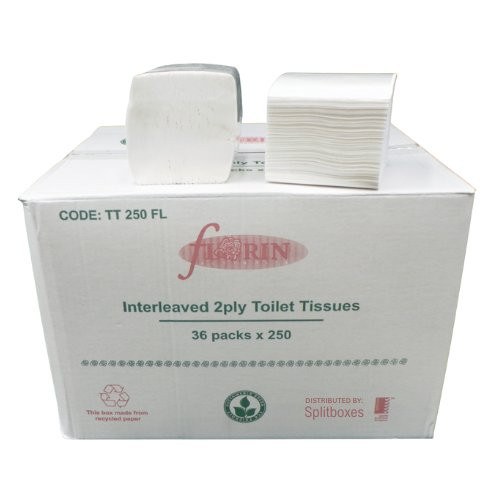Florin Soft Interleaved Toilet Tissue 2 Ply, white, 36 packs of 250 sheets each.