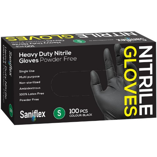 Saniflex Heavy Duty Black Nitrile Gloves Small 100/box