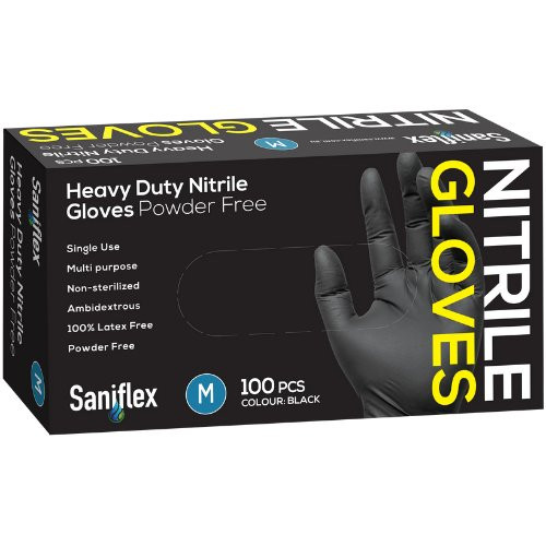 Saniflex Heavy Duty Black Nitrile Gloves Medium 100/box, black, nitrile, medium size, powder-free gloves.