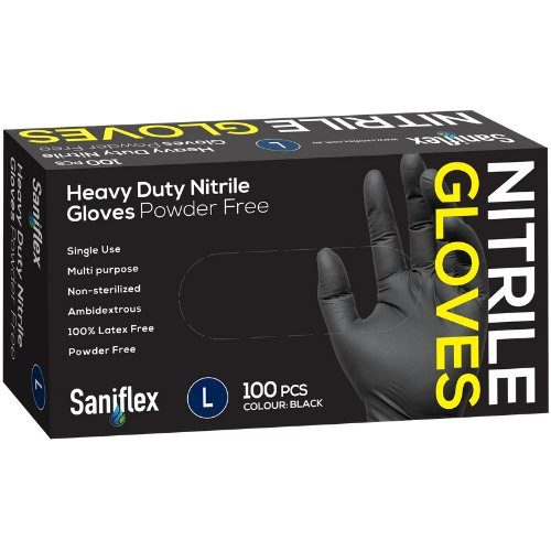 Saniflex Heavy Duty Black Nitrile Gloves, large, powder free nitrile gloves, 100 per box.