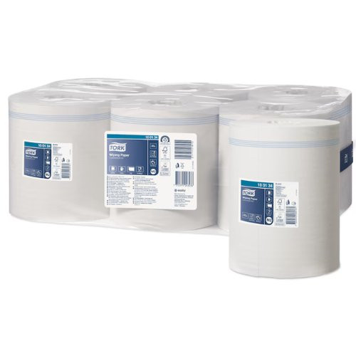 Tork Centrefeed Advanced 1 Ply White M2 System rolls, industrial-grade paper hand towels, white color.