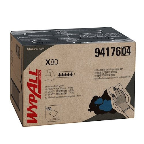 WypAll X80 Heavy Duty Wipers Cleaning Cloth White 150/ctn (94176) box packaging.