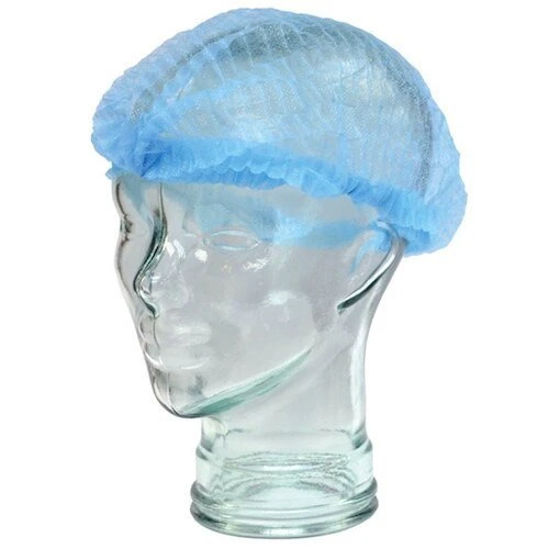 Blue crimped Bouffant Hairnet Latex Free 53cm on a head, breathable polypropylene material, one size.