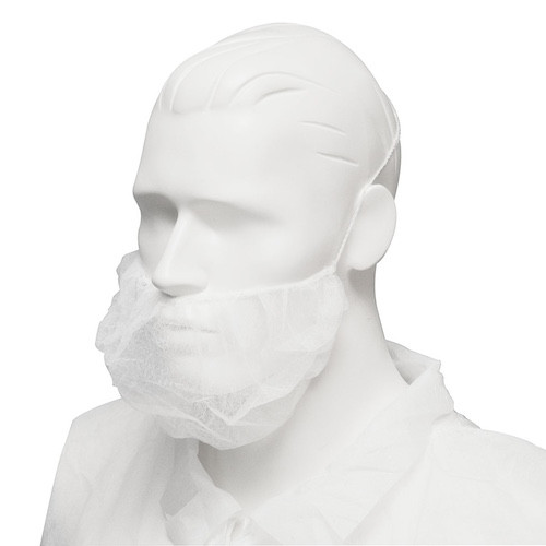 White Disposable Beard Cover Double Loop beard protector for men, non-woven polypropylene material, breathable fabric.