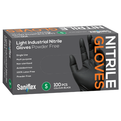 Saniflex Light Industrial Black Nitrile Gloves Small 100/box