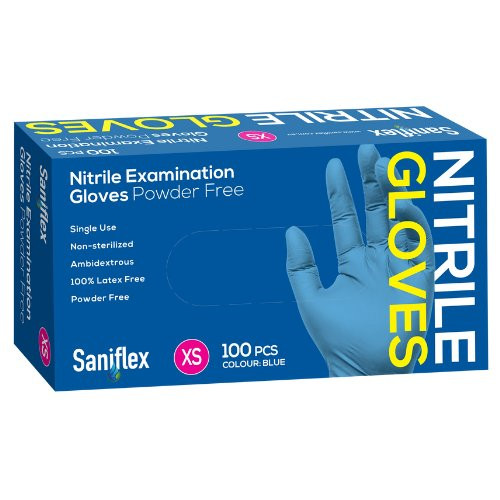 Saniflex Blue Nitrile Gloves, Powder Free, XSmall, 100/box, food safe gloves, nitrile examination gloves.