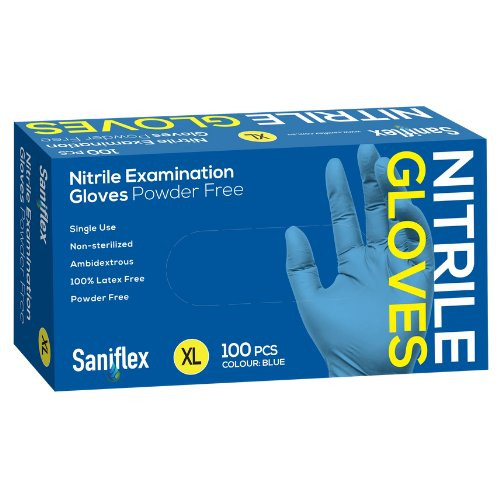 Saniflex Blue Nitrile Gloves Powder Free XLarge, examination nitrile gloves, blue, 100 per box.