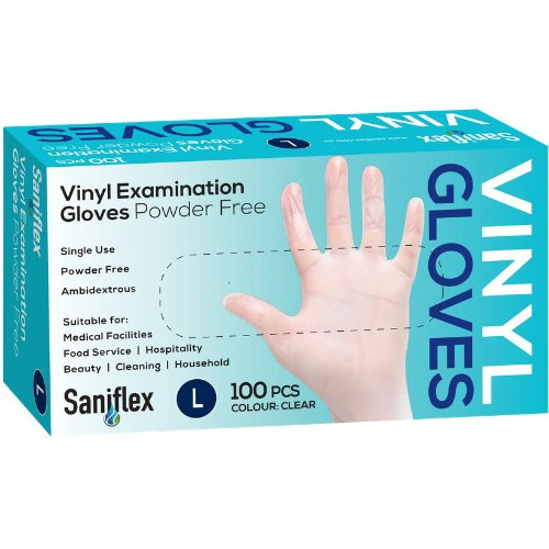 Saniflex clear vinyl gloves, large, powder free, single-use vinyl gloves in a box of 100.