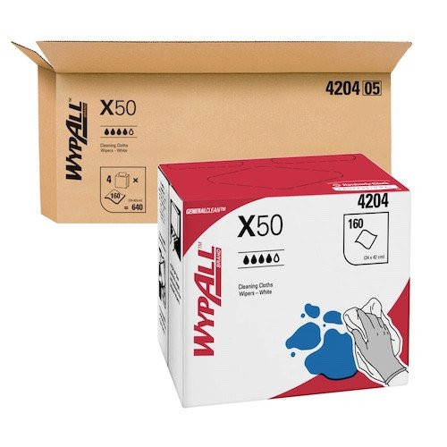 WypAll X50 Pop-Up Reinforced Single Sheet White Wipers 4 Boxes (4204) 