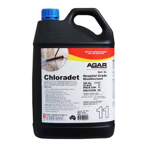 Chloradet Hospital Grade Disinfectant 5L, a chlorinated detergent, in a black 5-liter bottle with blue cap.
