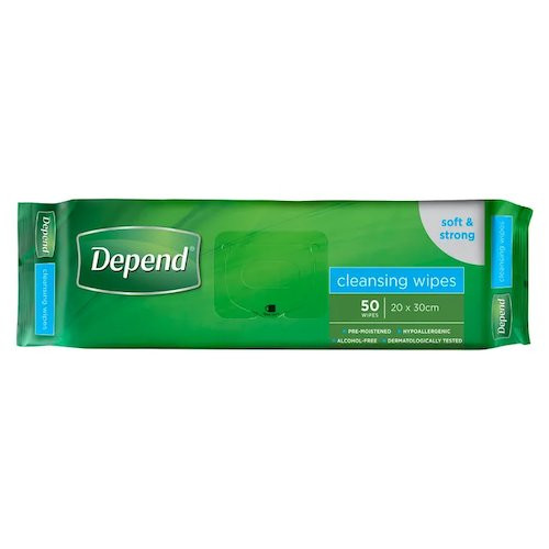Depend Cleansing Wipes, 50 Soft and Strong Wipes, 20x30cm, white, for adult hygiene care.