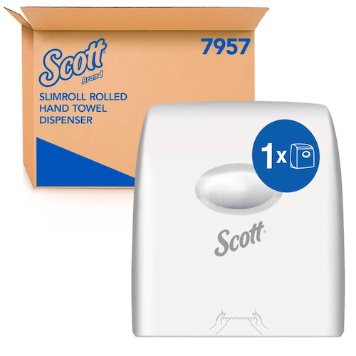 Scott Slimline Hand Towel Dispenser (7957), white compact dispenser, lockable, smooth high-gloss surface.