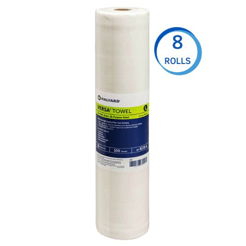 Halyard Versa Medical Towel, large 49cm x 41.5cm, 8 rolls, white, 2-ply multipurpose towel.