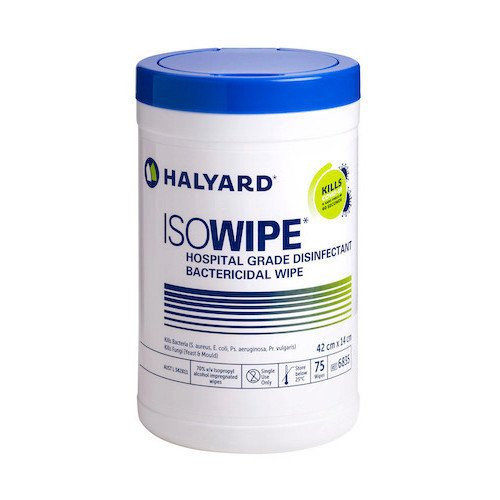 Halyard ISOWIPE Hospital Grade Bactericidal Wipes HAL6835 canister containing 75 disinfectant wipes with 70% isopropyl alcohol for hospital-grade surface cleaning