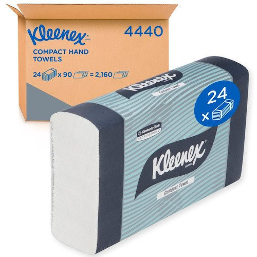 Kleenex Compact Folded Paper Hand Towels 4440 carton containing 24 packs of 90 interfold paper towels for commercial washrooms