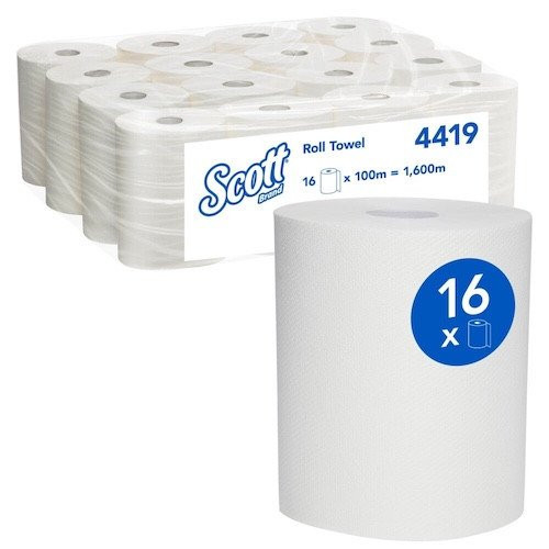 Scott Paper Hand Towels, 100m x 16 rolls, white, 18cm x 100m, Scott brand packaging.