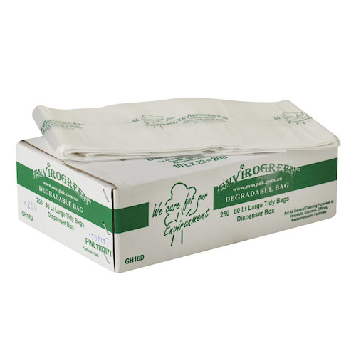 MaxValu Degradable 80 Litres Bin Liners Clear 250 Tidy Bags in dispenser box packaging.