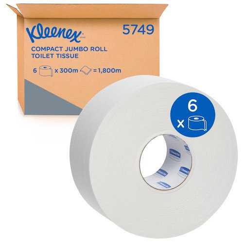 Kleenex jumbo roll 2Ply toilet tissue, 300m x 6 rolls, white, compact packaging.